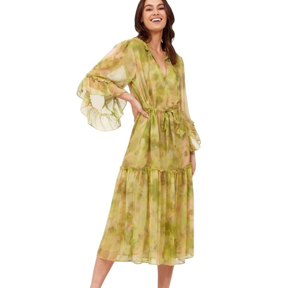 MISA Marcele Chartreuse Abstract Ruffle Midi Dress Size XS NWT - Picture 1 of 14